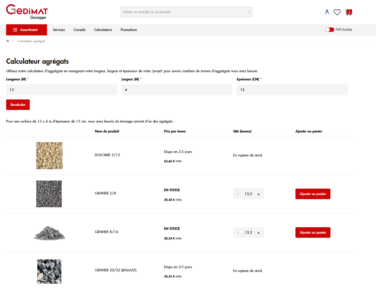 Calculateur d'agr&eacute;gats &mdash; Gedimat Genappe